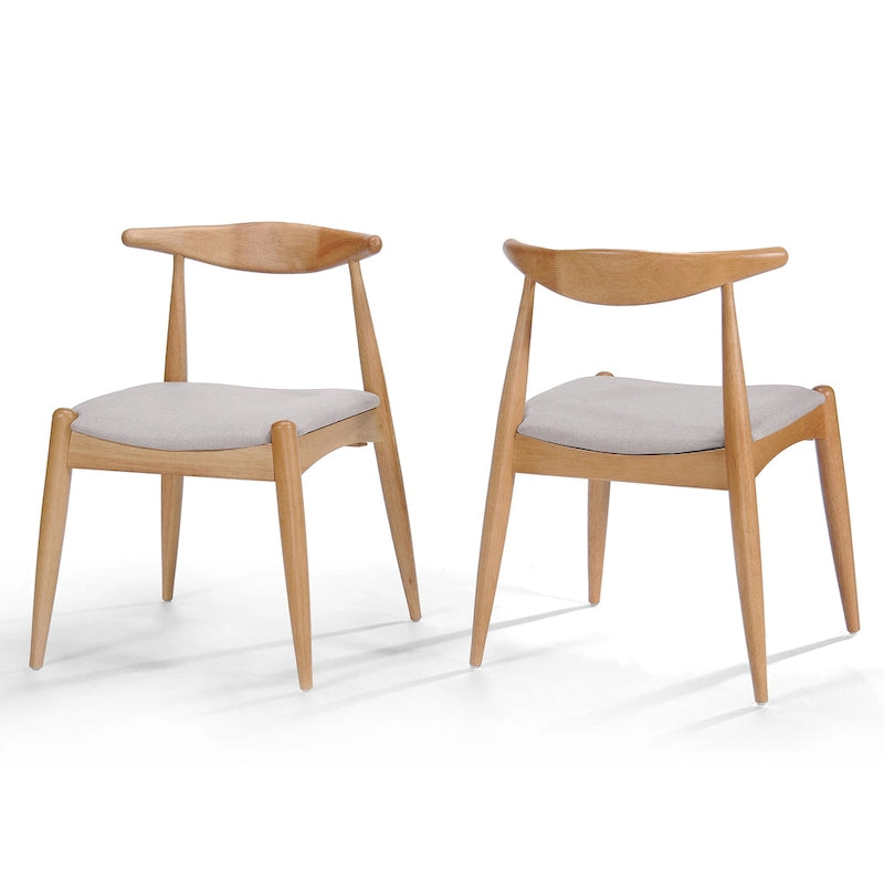 Mid-Century Upholstered Dining Chair Cow-Horn Back Rubberwood Set of 2