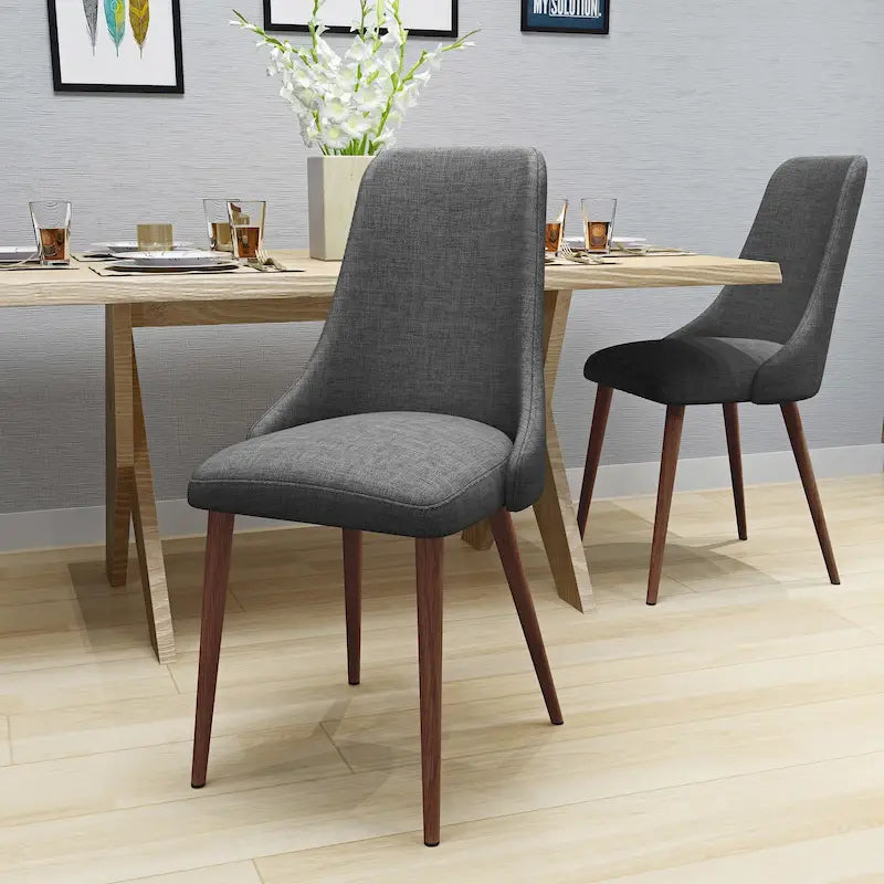 Mid-Century Dining Chair Set of 2 Barrel Back Fabric Walnut-Finish Tapered Legs