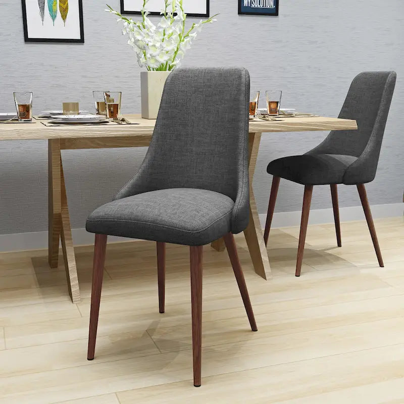 Mid-Century Dining Chair Set of 2 Barrel Back Fabric Walnut-Finish Tapered Legs