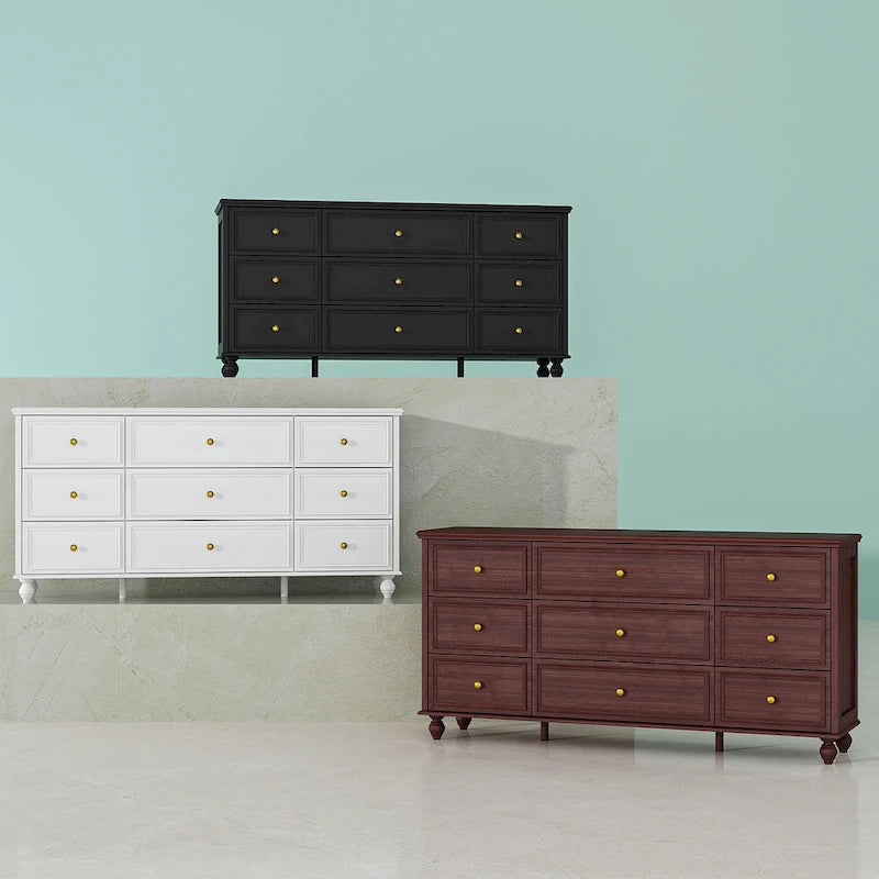63-Inch 9-Drawer Bedroom Dresser Gold Knobs Turned Legs Lacquer Finish