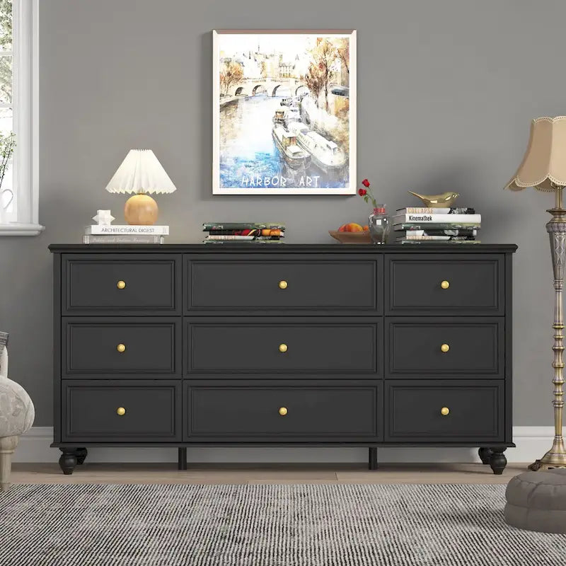 63-Inch 9-Drawer Bedroom Dresser Gold Knobs Turned Legs Lacquer Finish