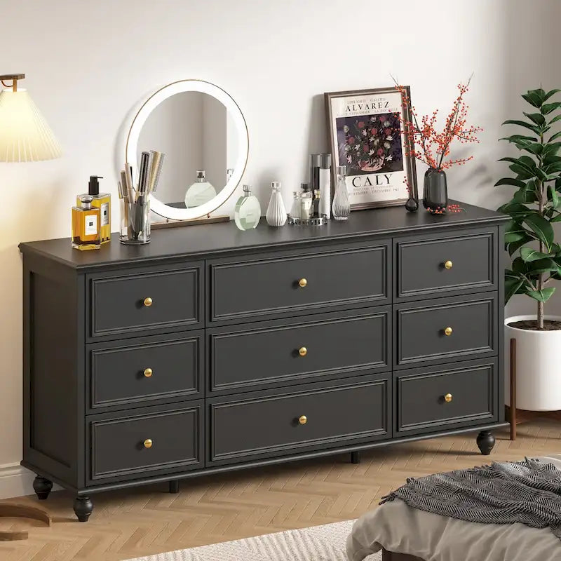 63-Inch 9-Drawer Bedroom Dresser Gold Knobs Turned Legs Lacquer Finish