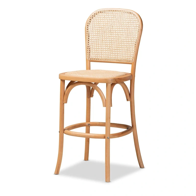Mid-Century Woven Rattan Counter Stool Beech Wood Frame Footrest Beige