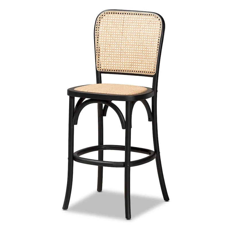 Mid-Century Woven Rattan Counter Stool Beech Wood Frame Footrest Beige