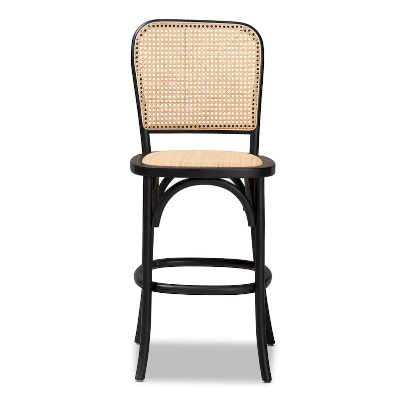 Sgabello da bancone in rattan intrecciato stile metà secolo, struttura in legno di faggio, poggiapiedi, beige
