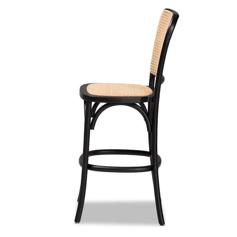 Sgabello da bancone in rattan intrecciato stile metà secolo, struttura in legno di faggio, poggiapiedi, beige