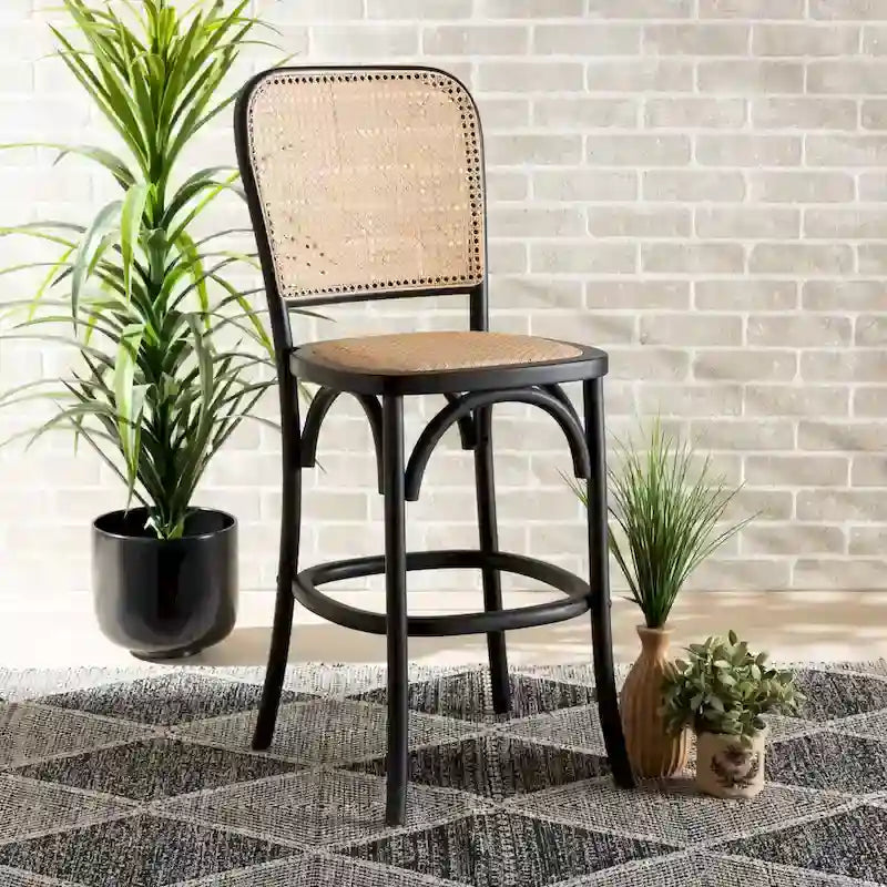 Mid-Century Woven Rattan Counter Stool Beech Wood Frame Footrest Beige
