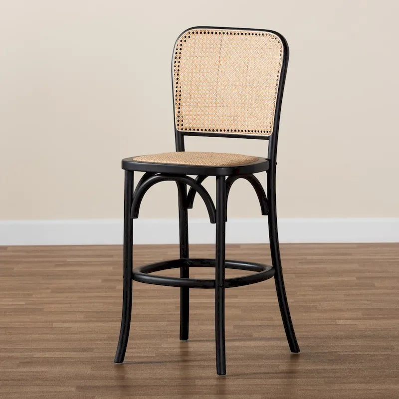 Mid-Century Woven Rattan Counter Stool Beech Wood Frame Footrest Beige