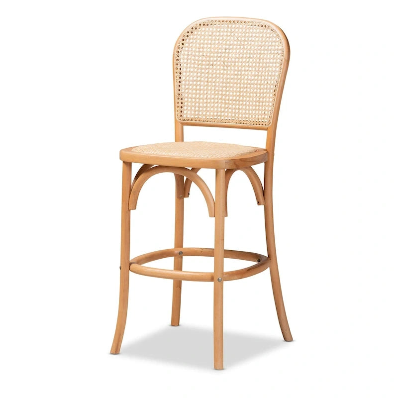 Mid-Century Woven Rattan Counter Stool Beech Wood Frame Footrest Beige