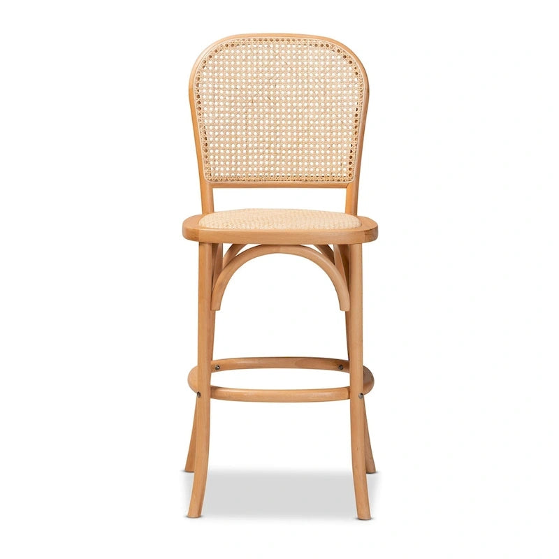 Mid-Century Woven Rattan Counter Stool Beech Wood Frame Footrest Beige