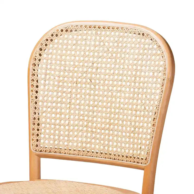 Mid-Century Woven Rattan Counter Stool Beech Wood Frame Footrest Beige