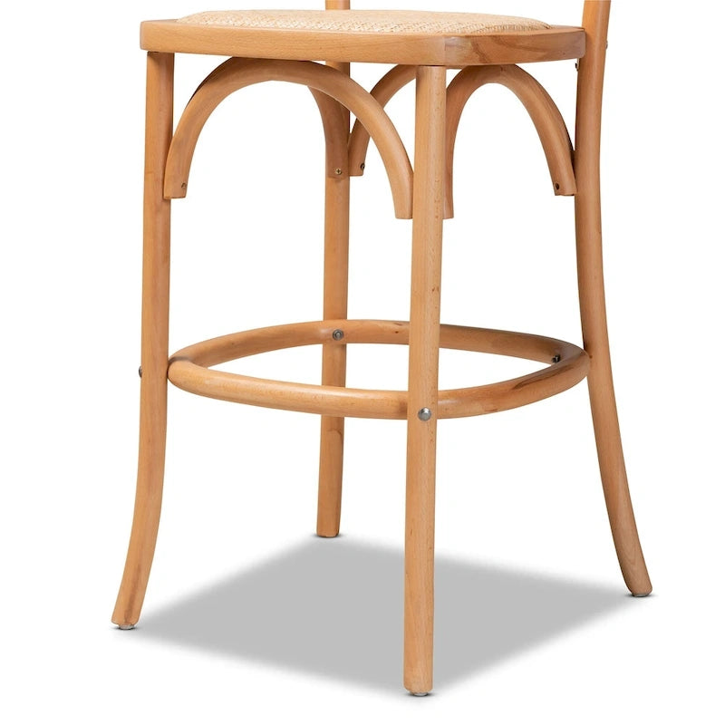 Mid-Century Woven Rattan Counter Stool Beech Wood Frame Footrest Beige