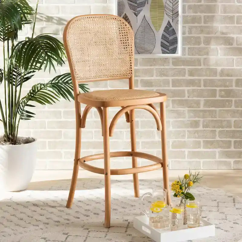Mid-Century Woven Rattan Counter Stool Beech Wood Frame Footrest Beige