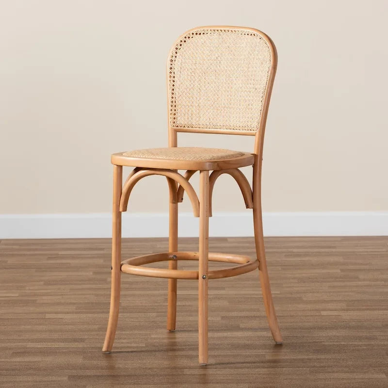 Mid-Century Woven Rattan Counter Stool Beech Wood Frame Footrest Beige