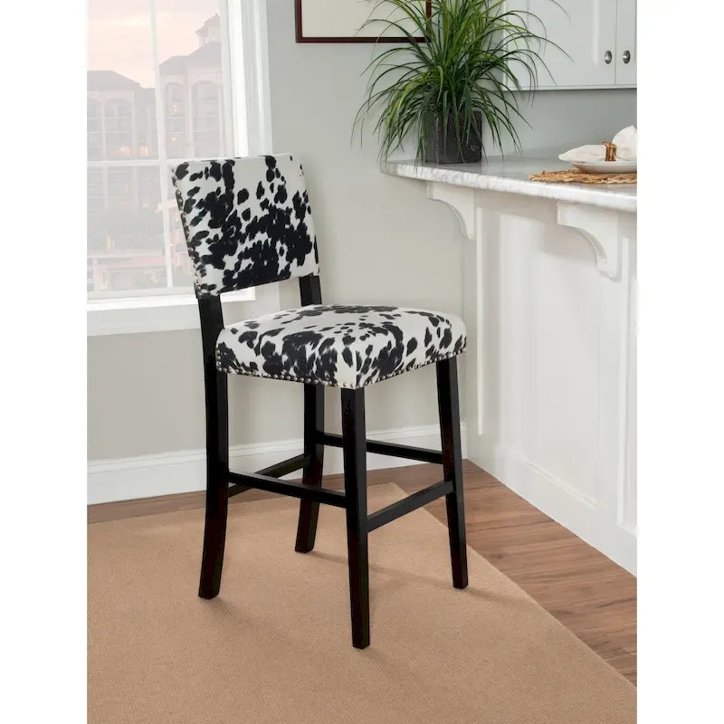 Sgabello da bar con stampa effetto pelle bovina, bordi con borchie argentate, gambe in legno di gomma, schienale, 30 pollici