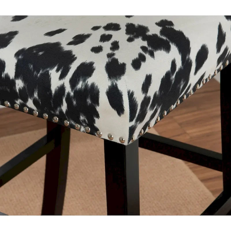 Sgabello da bar con stampa effetto pelle bovina, bordi con borchie argentate, gambe in legno di gomma, schienale, 30 pollici