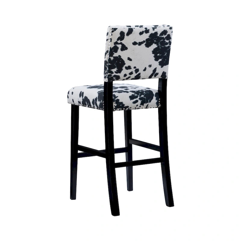 Cowhide Print Bar Stool Silver Nailhead Trim Rubberwood Legs Backrest 30-Inch