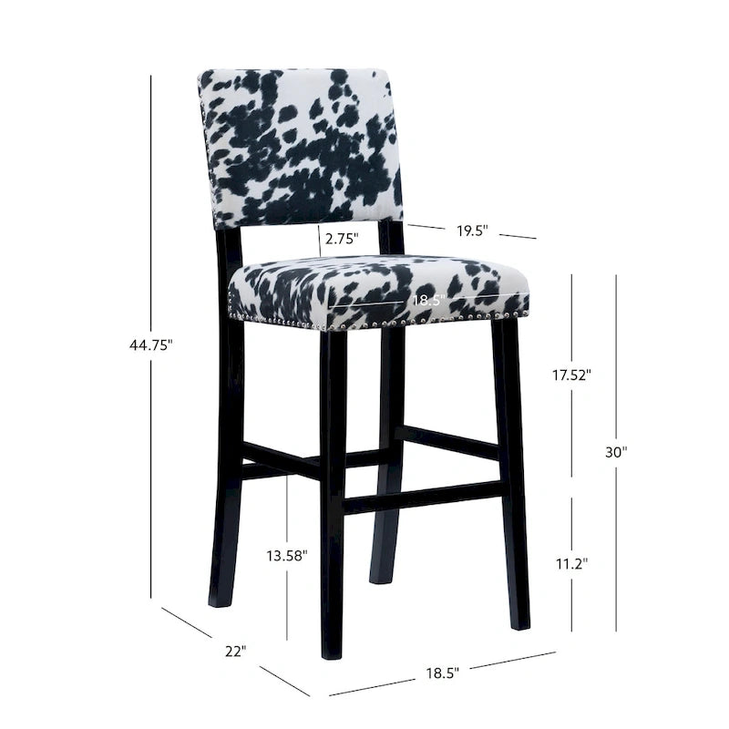 Cowhide Print Bar Stool Silver Nailhead Trim Rubberwood Legs Backrest 30-Inch