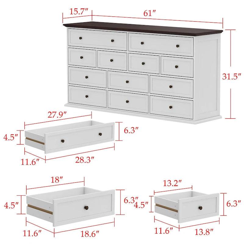 12-Drawer Wood Dresser Wide Storage Chest White Brown Two-Tone