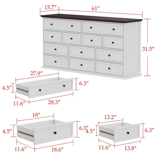 12-Drawer Wood Dresser Wide Storage Chest White Brown Two-Tone
