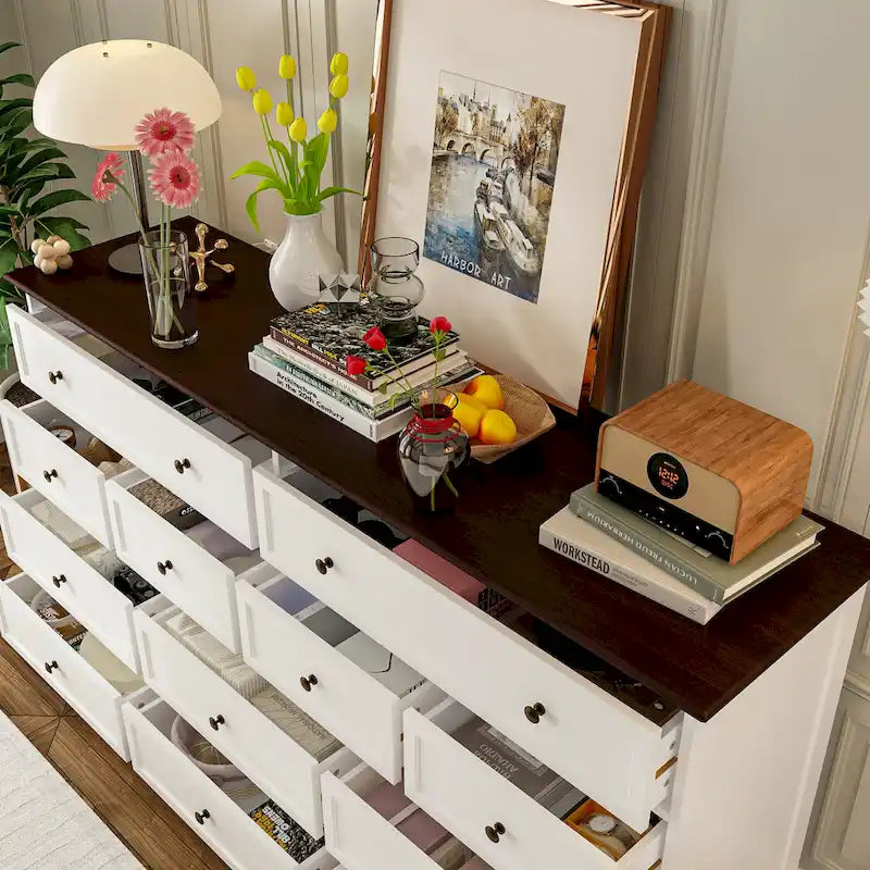 12-Drawer Wood Dresser Wide Storage Chest White Brown Two-Tone
