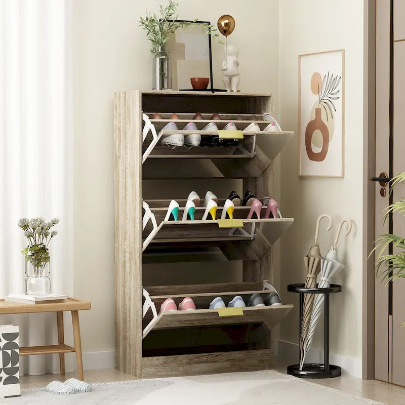 Mirrored Flip Drawer Shoe Cabinet Entryway Storage Organizer Oak