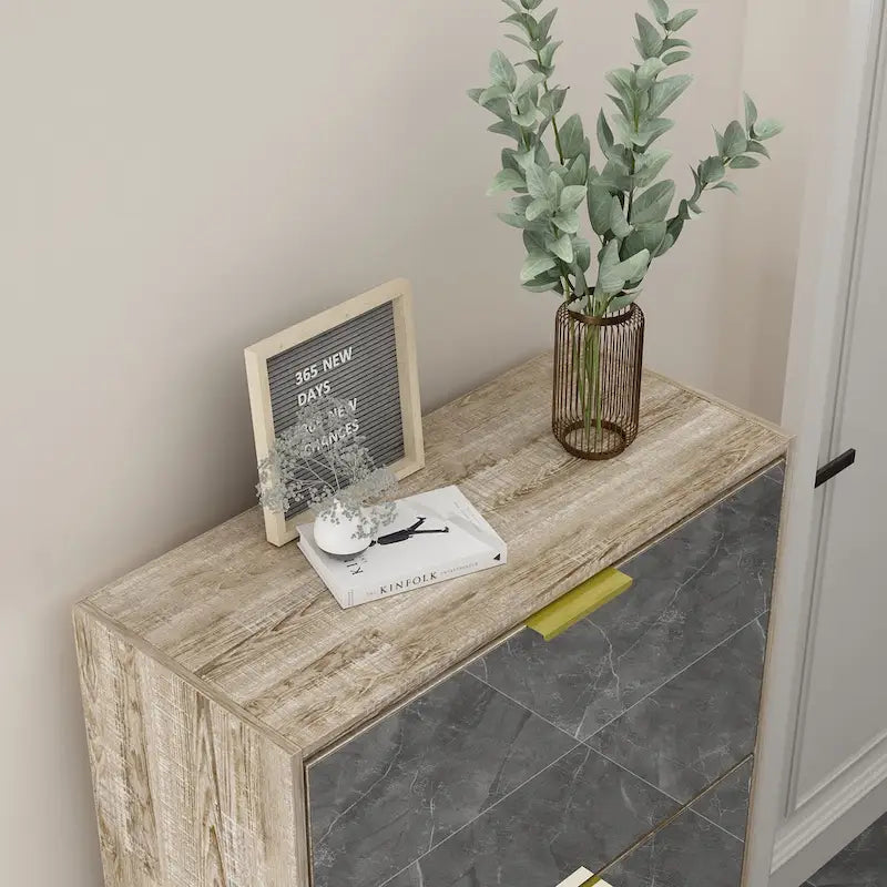Mirrored Flip Drawer Shoe Cabinet Entryway Storage Organizer Oak