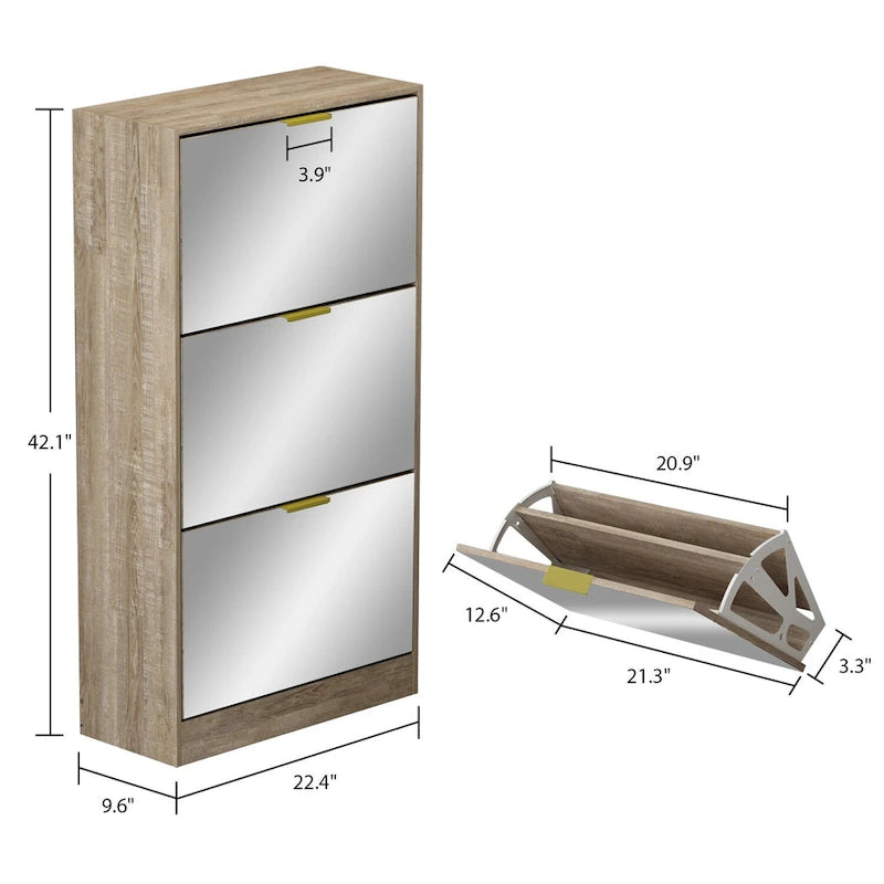 Mirrored Flip Drawer Shoe Cabinet Entryway Storage Organizer Oak
