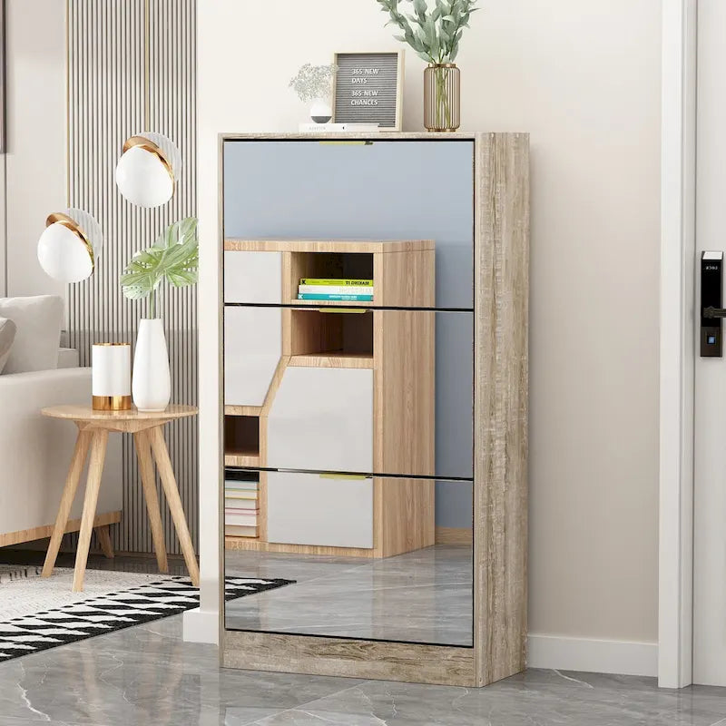 Mirrored Flip Drawer Shoe Cabinet Entryway Storage Organizer Oak