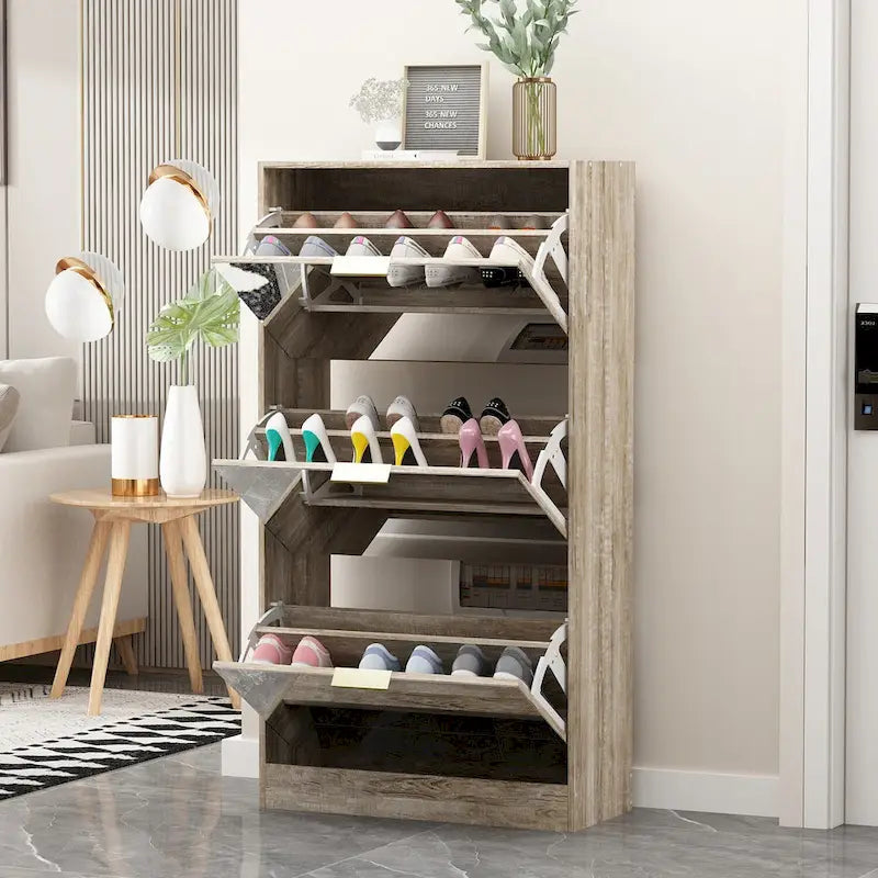 Mirrored Flip Drawer Shoe Cabinet Entryway Storage Organizer Oak