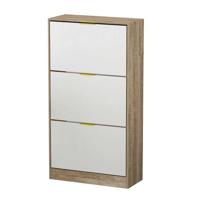 Mirrored Flip Drawer Shoe Cabinet Entryway Storage Organizer Oak