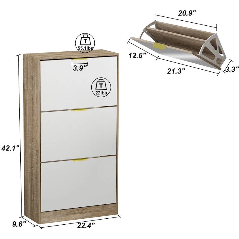 Mirrored Flip Drawer Shoe Cabinet Entryway Storage Organizer Oak