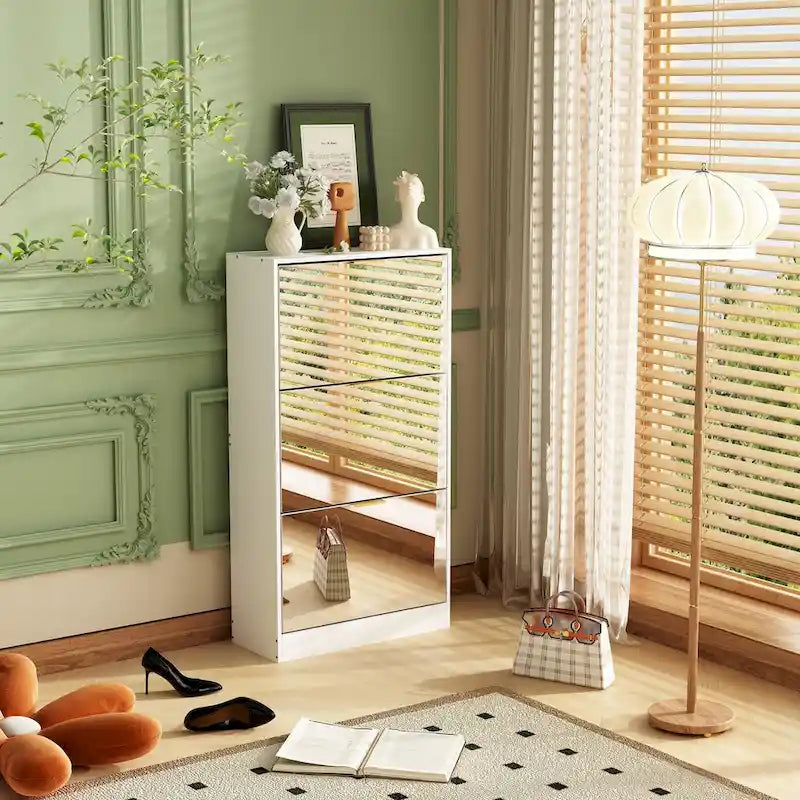 Mirrored Flip Drawer Shoe Cabinet Entryway Storage Organizer Oak