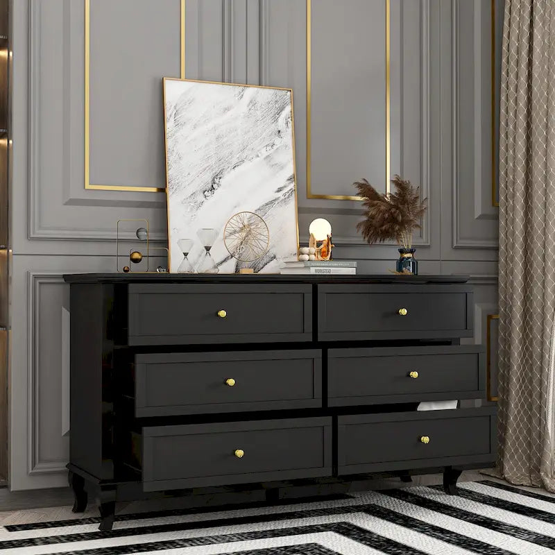 6-Drawer Wide Dresser CARB P2 MDF Lacquer Finish Curved Legs White Black