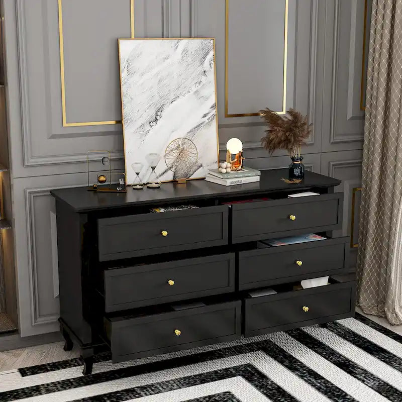 6-Drawer Wide Dresser CARB P2 MDF Lacquer Finish Curved Legs White Black
