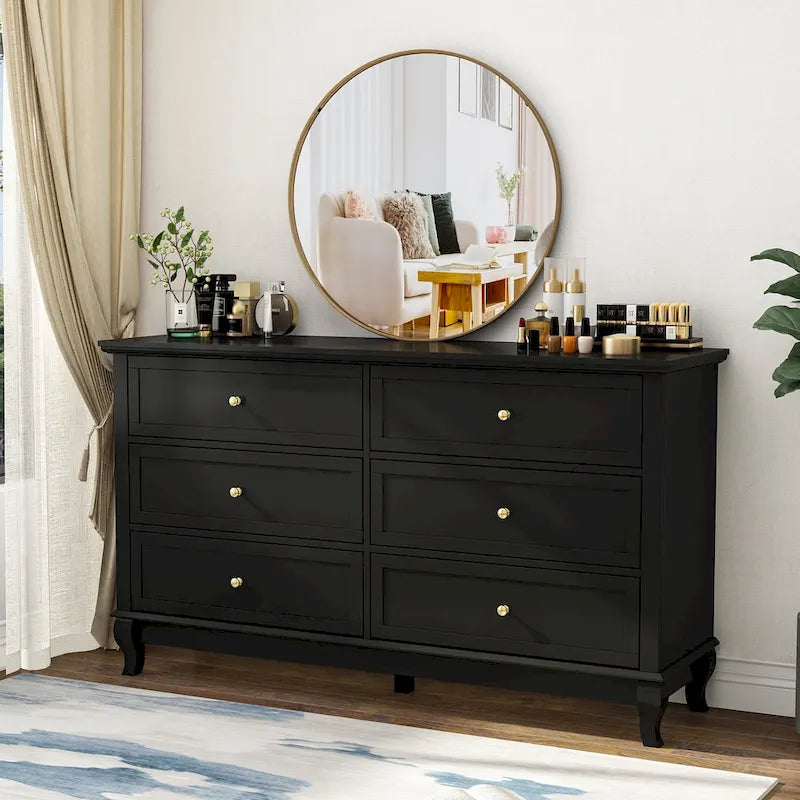6-Drawer Wide Dresser CARB P2 MDF Lacquer Finish Curved Legs White Black