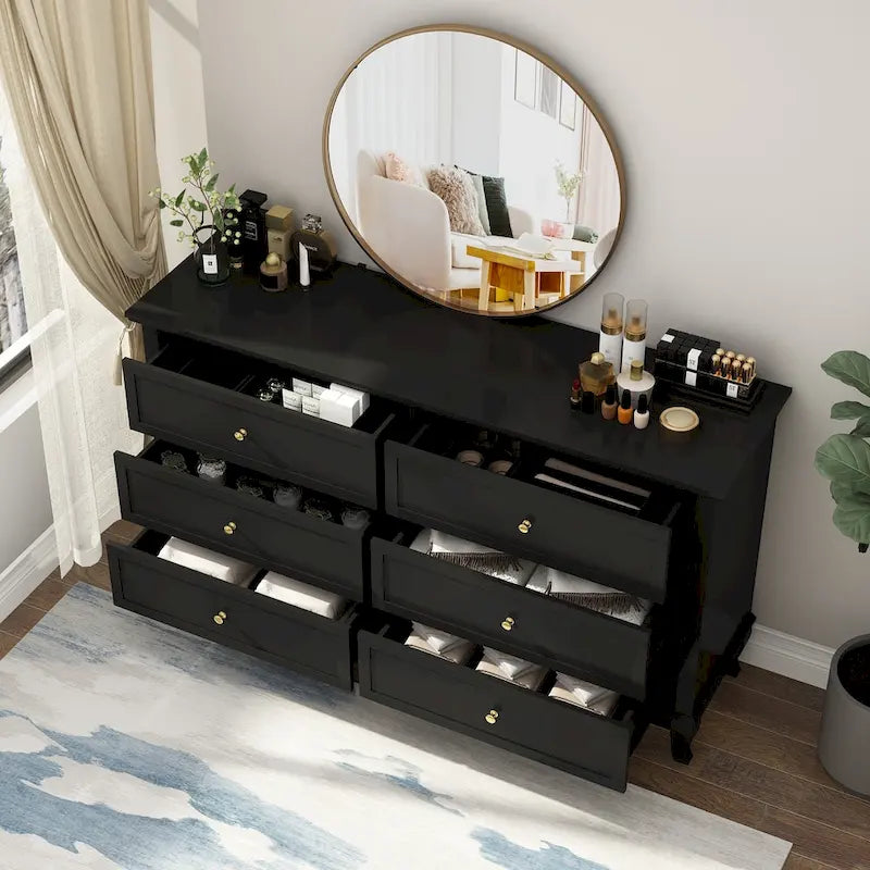 6-Drawer Wide Dresser CARB P2 MDF Lacquer Finish Curved Legs White Black