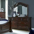 Commode à 7 tiroirs avec miroir arqué, bois d’hévéa couleur cognac sculpté à l’européenne, ensemble en bouleau