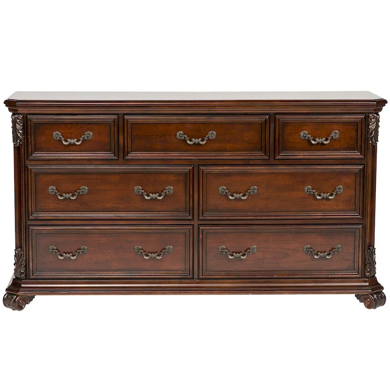 Commode à 7 tiroirs avec miroir arqué, bois d’hévéa couleur cognac sculpté à l’européenne, ensemble en bouleau