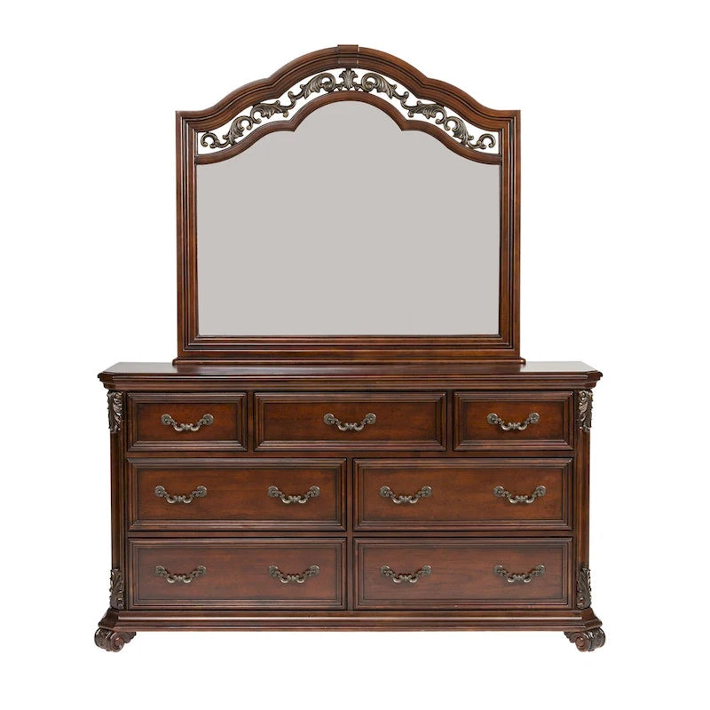 Cassettiera a 7 cassetti con specchio ad arco, set europeo intagliato in legno di gomma color cognac e betulla