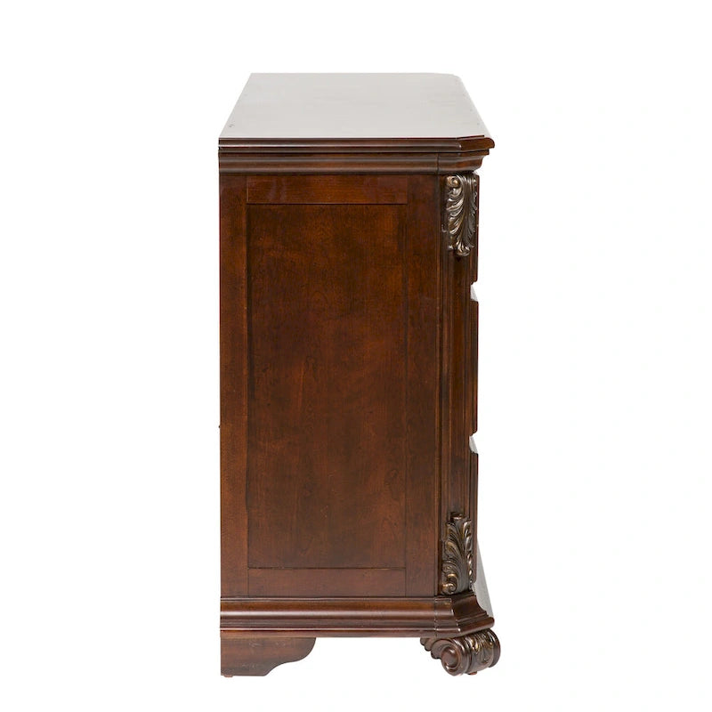Cassettiera a 7 cassetti con specchio ad arco, set europeo intagliato in legno di gomma color cognac e betulla