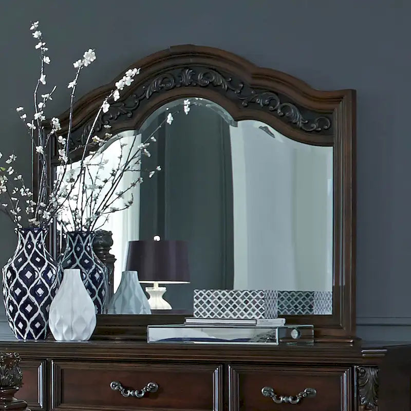 Commode à 7 tiroirs avec miroir arqué, bois d’hévéa couleur cognac sculpté à l’européenne, ensemble en bouleau