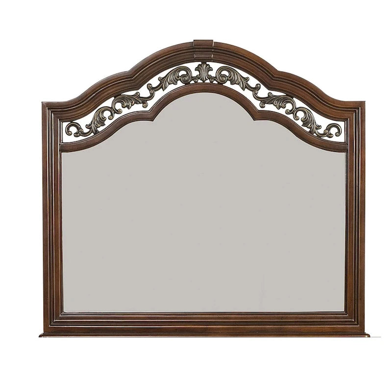 Commode à 7 tiroirs avec miroir arqué, bois d’hévéa couleur cognac sculpté à l’européenne, ensemble en bouleau