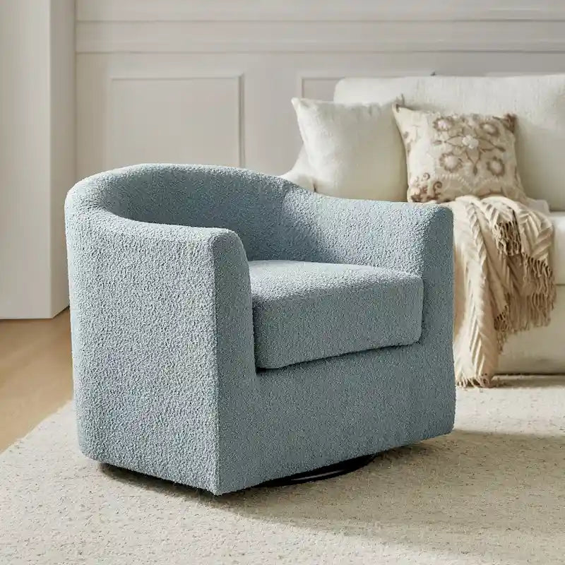 Modern Boucle Upholstered 360° Swivel Barrel Accent Chair Blue Grey Ivory