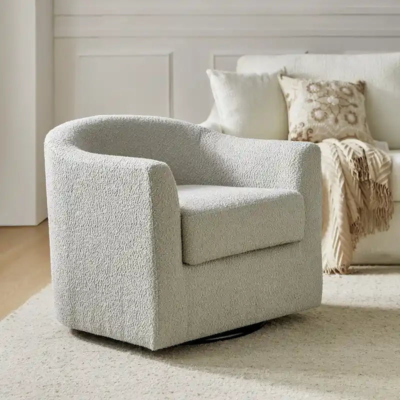 Poltrona moderna a cilindro, imbottita in bouclé, girevole a 360°, grigio-blu e avorio