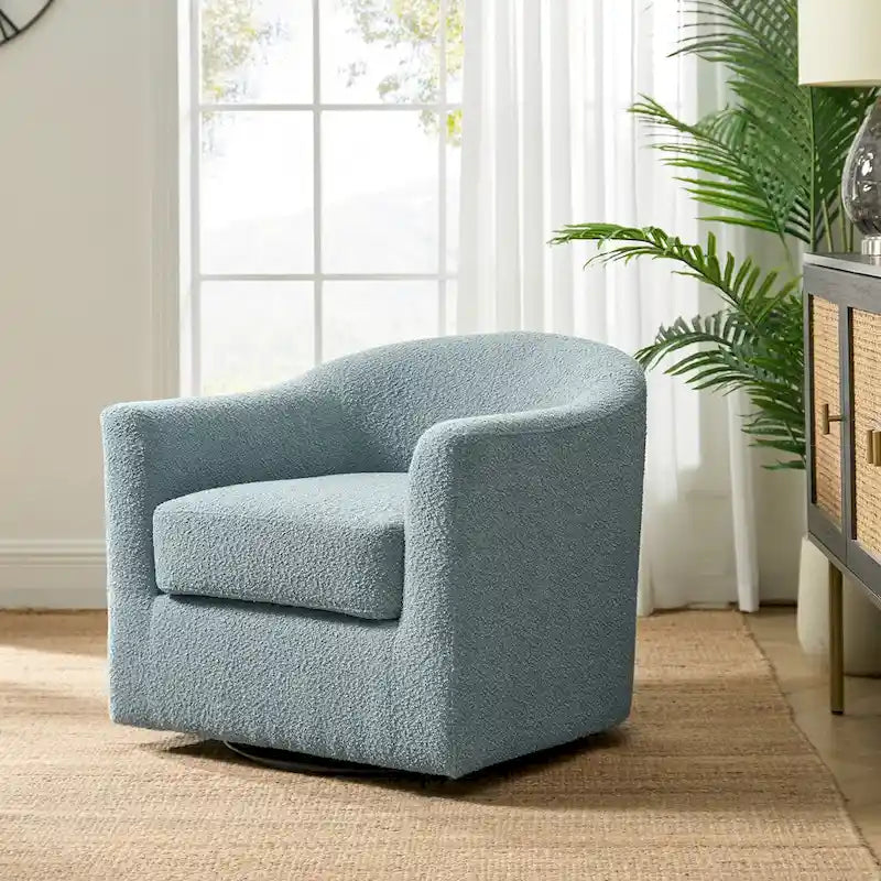 Poltrona moderna a cilindro, imbottita in bouclé, girevole a 360°, grigio-blu e avorio