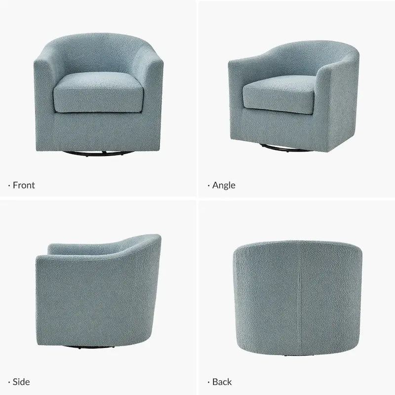 Poltrona moderna a cilindro, imbottita in bouclé, girevole a 360°, grigio-blu e avorio