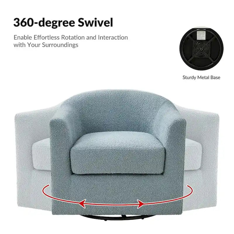 Poltrona moderna a cilindro, imbottita in bouclé, girevole a 360°, grigio-blu e avorio