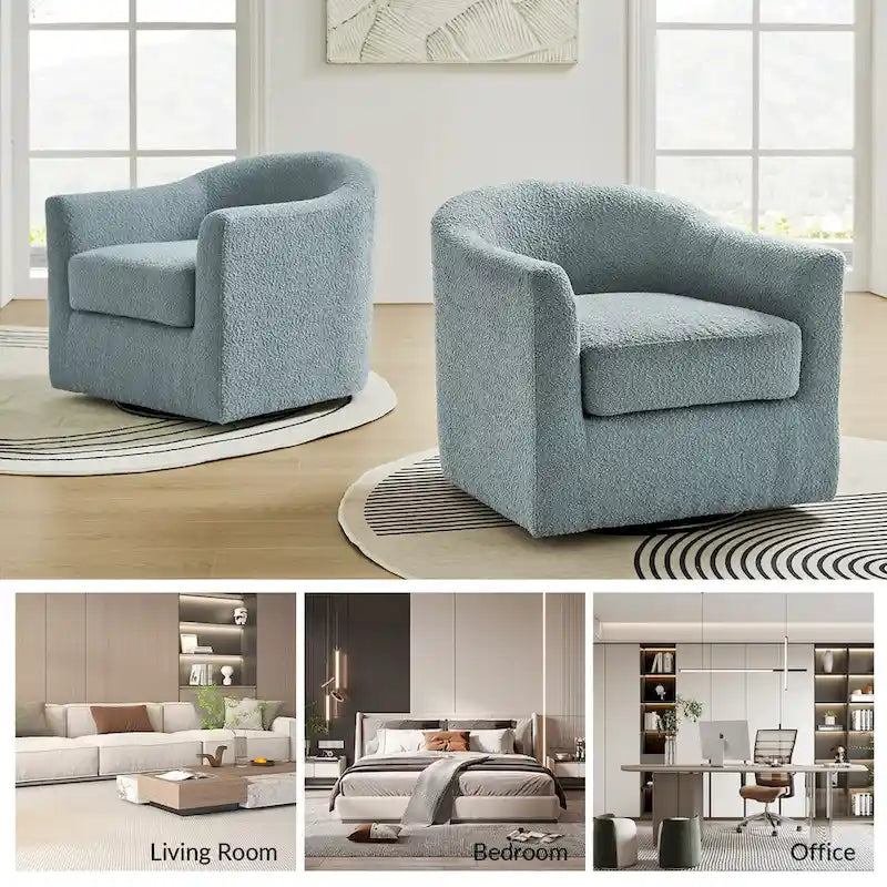 Modern Boucle Upholstered 360° Swivel Barrel Accent Chair Blue Grey Ivory