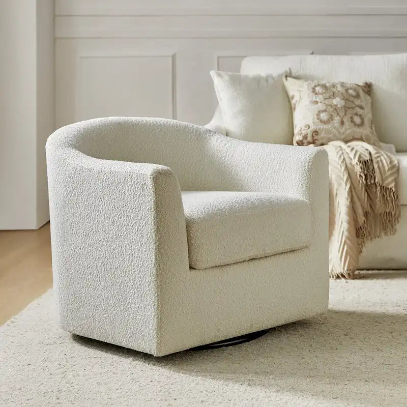 Modern Boucle Upholstered 360° Swivel Barrel Accent Chair Blue Grey Ivory